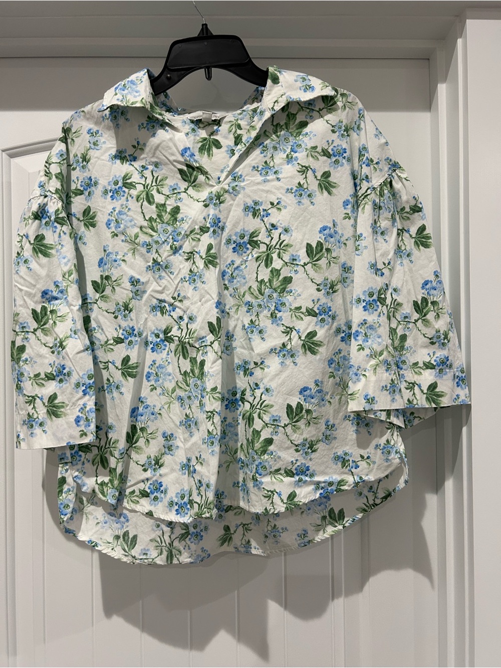 Floral Button-Front Cotton Blouse in White, Blue & Green by Crown & Ivy